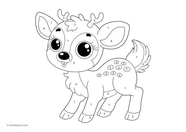 Free downloadable color-by-number worksheet showing a gentle deer with numbered sections on its antlers, fur, and woodland background—ideal for toddlers to enjoy peaceful coloring while learning number and color recognition.