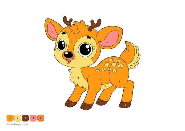 Free downloadable color-by-number worksheet showing a gentle deer with numbered sections on its antlers, fur, and woodland background—ideal for toddlers to enjoy peaceful coloring while learning number and color recognition.