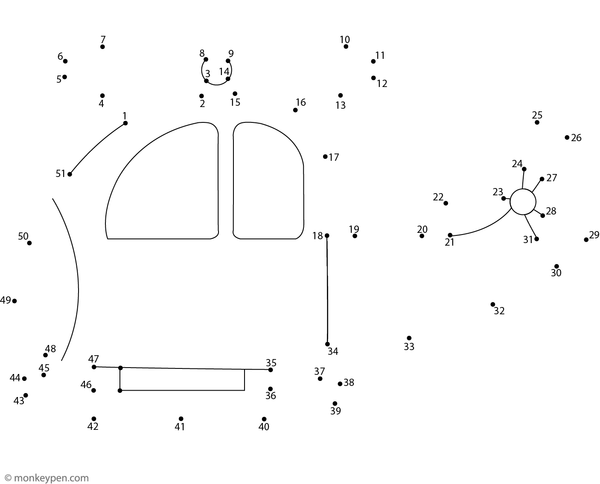Connect-the-dots worksheet depicting a cartoon helicopter with rotor blades, designed for children to assemble and color.