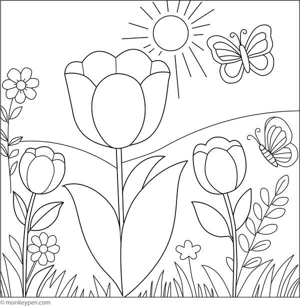 Tulip in Spring Field | Free Coloring Pages
