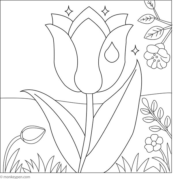 Tulips and Sparkling Dewdrops | Free Coloring Pages