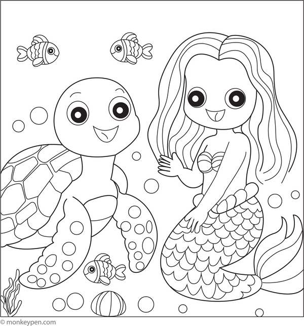 Turtle and the Mermaid | Free Coloring Pages