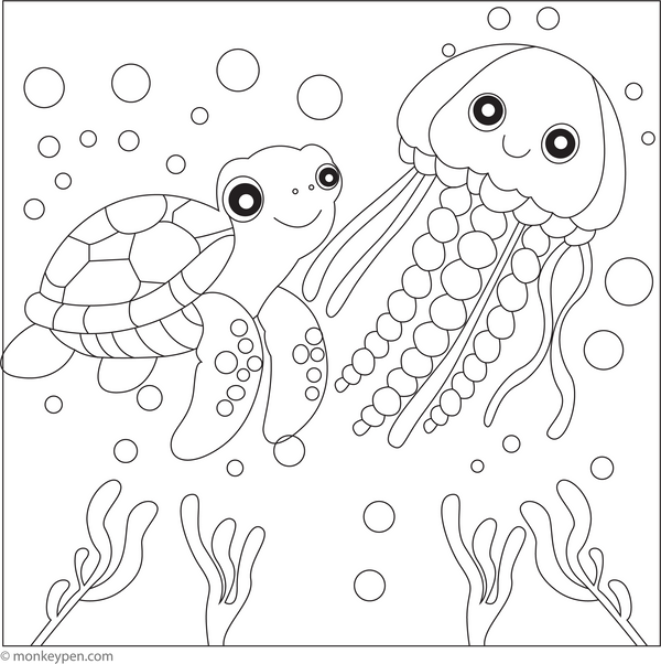 Turtle and a Jellyfish | Free Coloring Pages