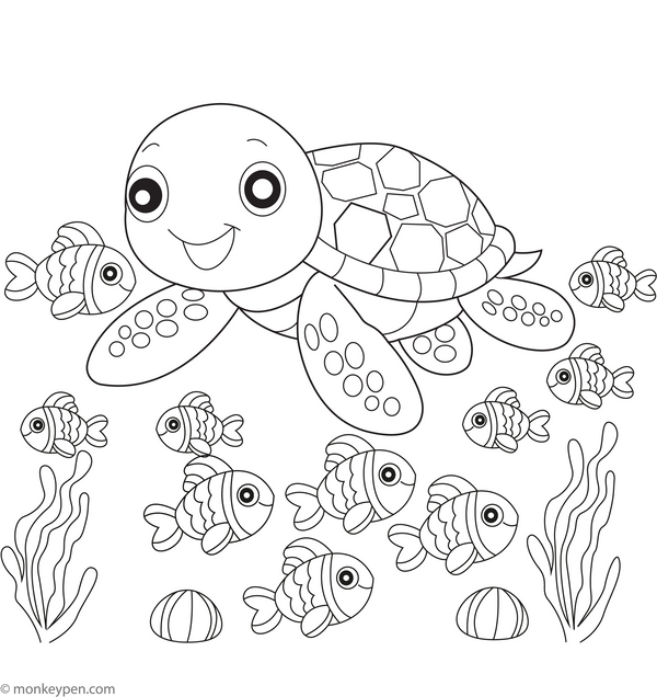 Turtle and school of Fish | Free Coloring Pages