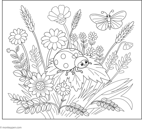 Ladybug in a Meadow | Free Coloring Pages