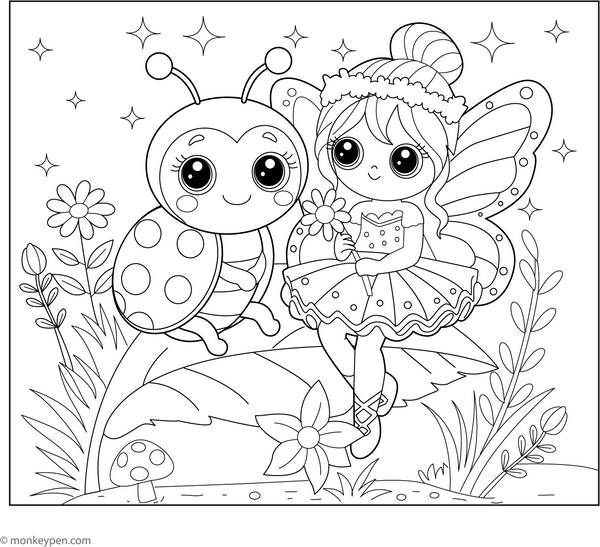 Ladybug and Fairy | Free Coloring Page