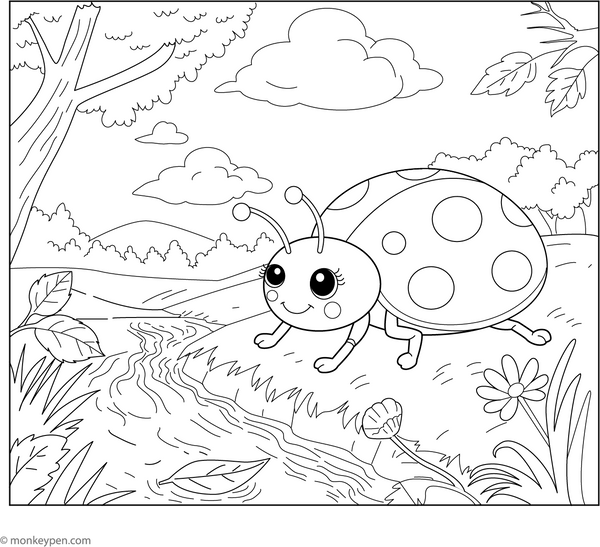 Ladybug by a River | Free Coloring Page