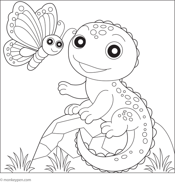 Cartoon Lizard and Butterfly | Free Coloring Page