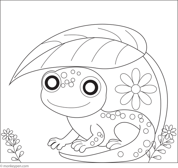 Lizard Under a Leaf | Free Coloring Page