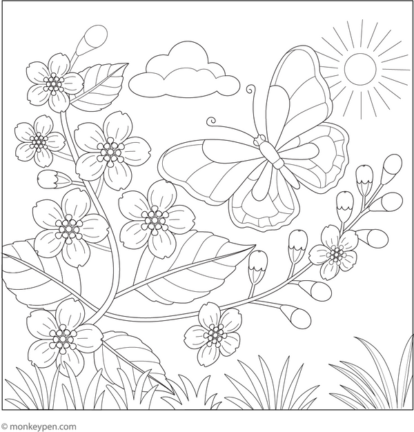 Butterfly in Jasmine Garden | Free Coloring Page