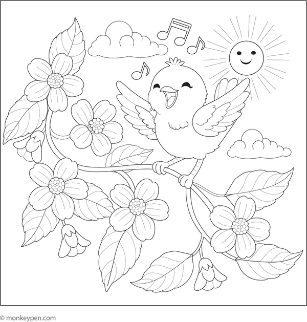 Jasmine with a Chirping Bird | Free Coloring Page