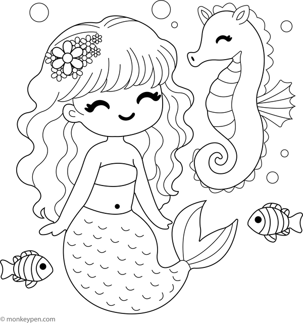 Mermaid and Seahorse Friends | Free Coloring Page