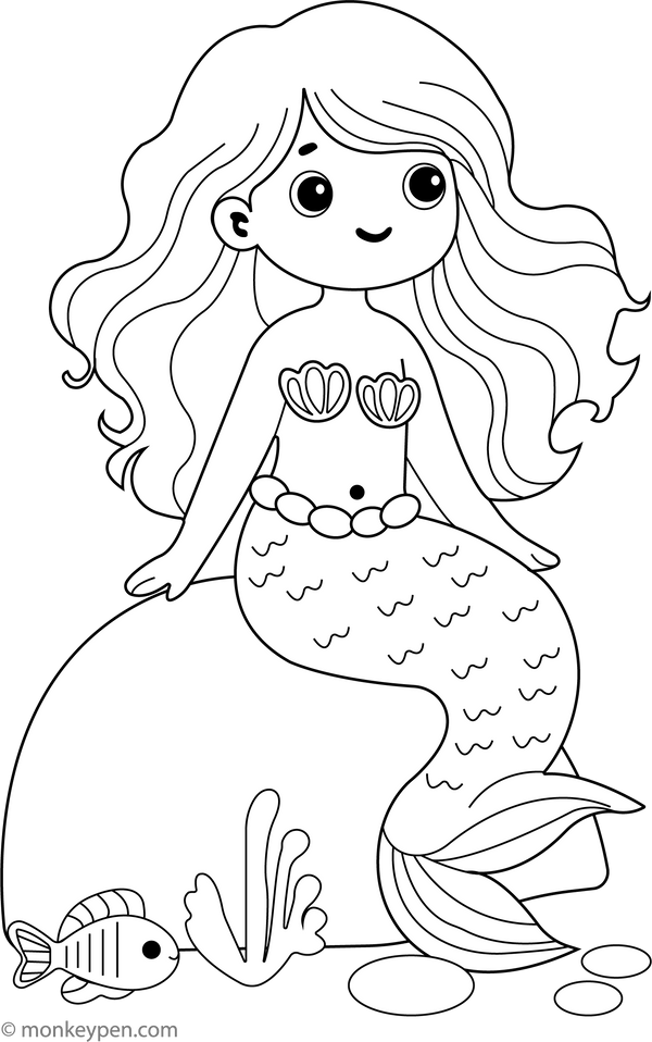 Mermaid Sitting on a Rock | Free Coloring Page