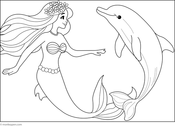 Mermaid and Dolphin Friendship | Free Coloring Page