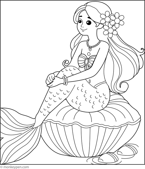 Elegant Mermaid Resting on a Shell | Free Coloring Page