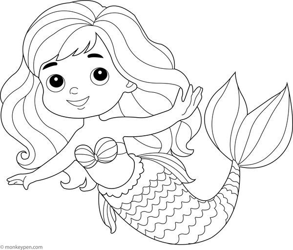 Happy Little Mermaid Swimming | Free Coloring Page