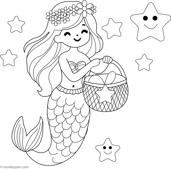 Mermaid Collecting Magical Stars | Free Coloring Page