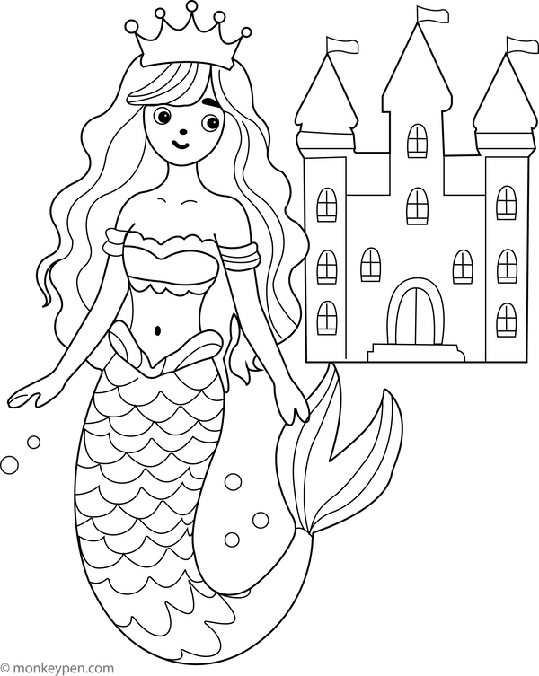Mermaid near Castle | Free Coloring Page