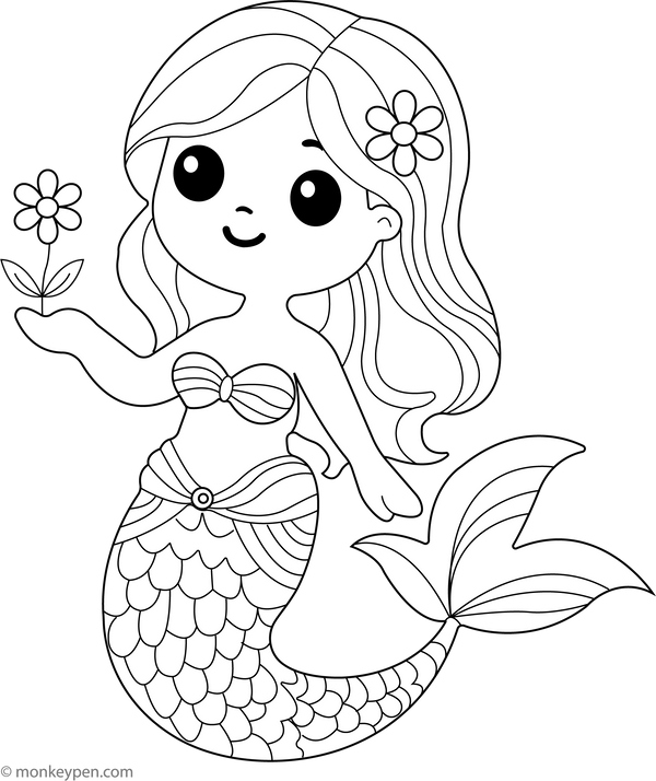 Cute Mermaid with Flower | Free Coloring Page