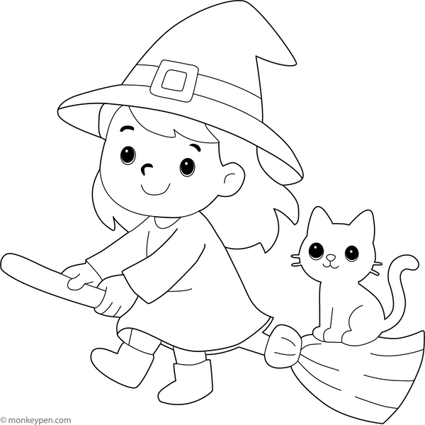 Cute Witch on a Broomstick | Free Coloring Page