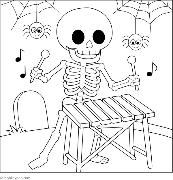 Skeleton PlayingMusic Instrument | Free Coloring Page