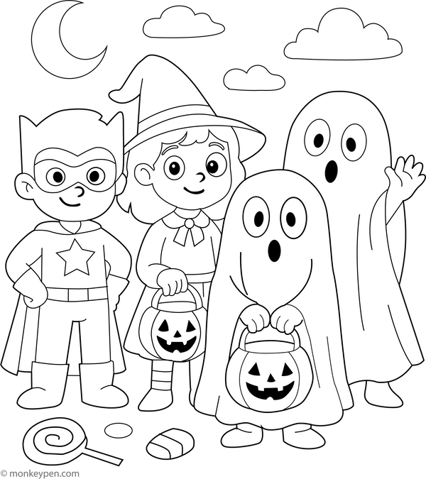 Trick-or-Treaters | Free Coloring Page