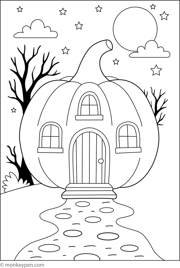 Scary Pumpkin House | Free Coloring Page