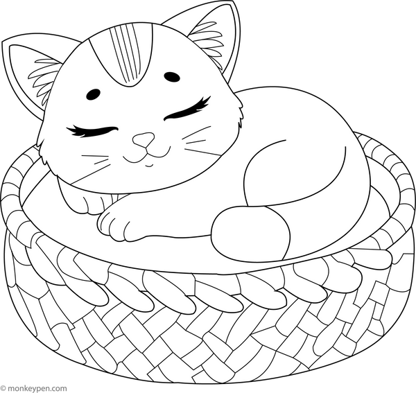 Kitten Sleeping in a Basket | Free Coloring Page