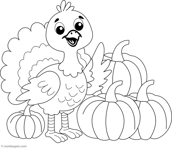 Turkey in a Pumpkin Patch | Free Coloring Page