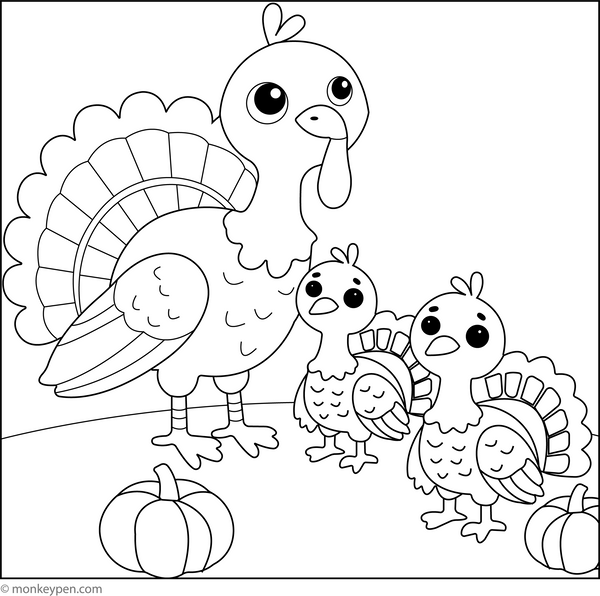 Turkey with a Family | Free Coloring Page