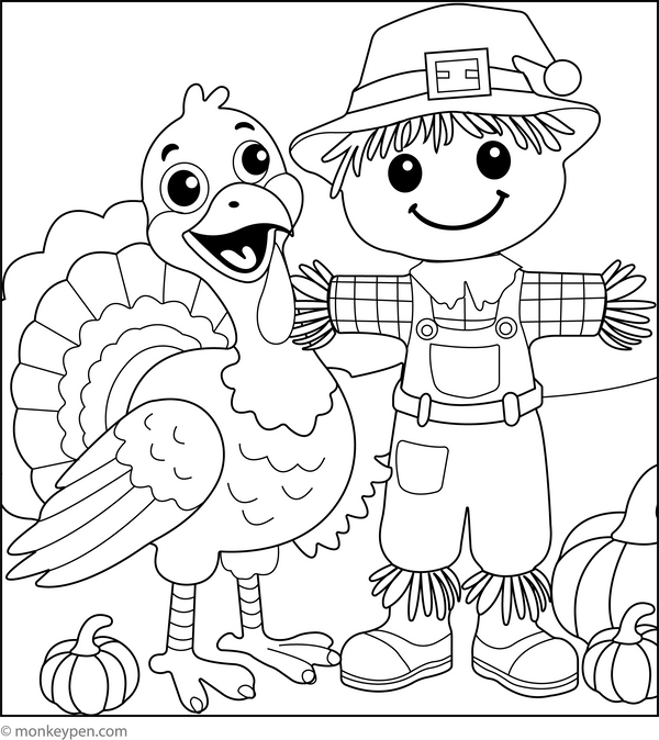 Turkey and a Scarecrow | Free Coloring Page
