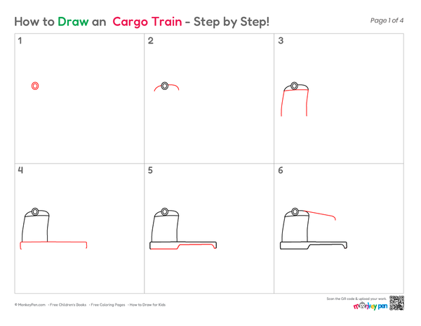 A step-by-step drawing guide titled 'How to Draw an Cargo Train - Step by Step!' showing six numbered panels on a white page with a gray grid. The instructions illustrate how to draw a cargo train using black and red lines.