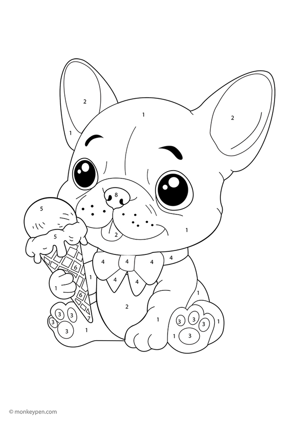 Free downloadable color-by-number worksheet featuring a cheerful dog holding an ice cream cone, with numbered sections guiding kids to color the dog, treat, and bright background—perfect for summer fun and learning through coloring.