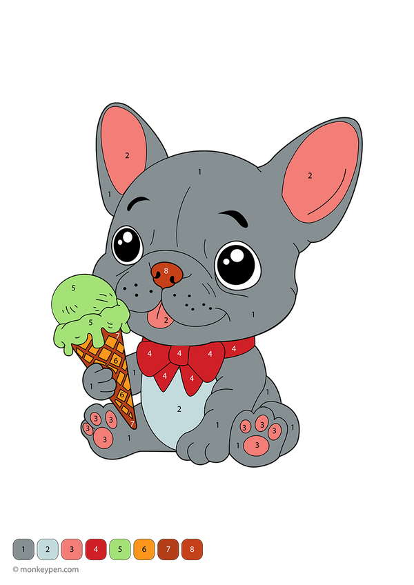 Free downloadable color-by-number worksheet featuring a cheerful dog holding an ice cream cone, with numbered sections guiding kids to color the dog, treat, and bright background—perfect for summer fun and learning through coloring.