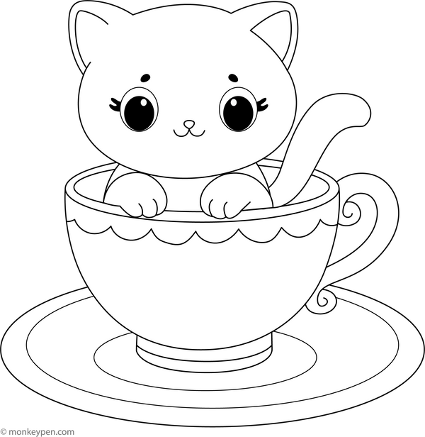 Kitten in a Teacup | Free Coloring Page