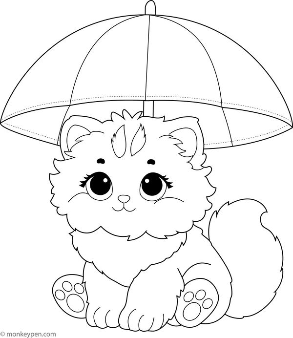 Kitten Under an Umbrella | Free Coloring Page