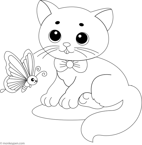 Kitten and a Butterfly Friend | Free Coloring Page