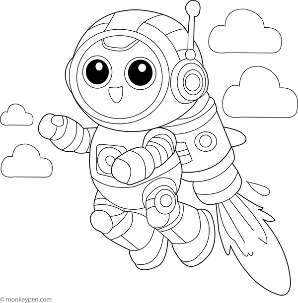 Robot with a Jetpack Flying | Free Coloring Page