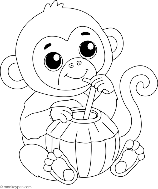 Monkey with a Coconut | Free Coloring Page