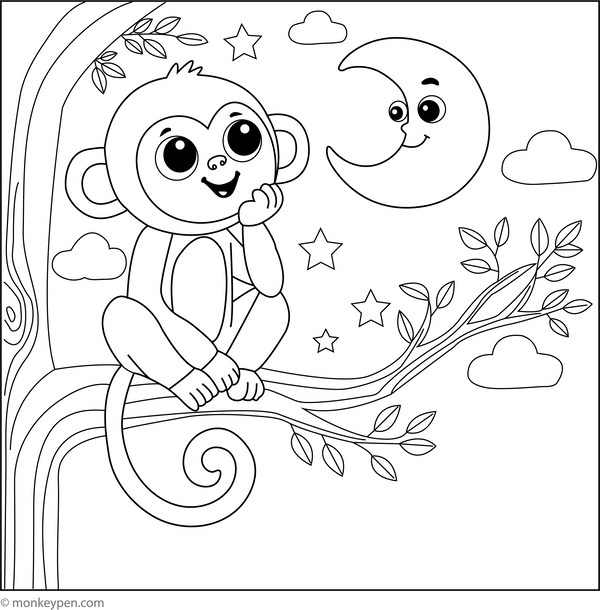 Monkey and the Moon | Free Coloring Page