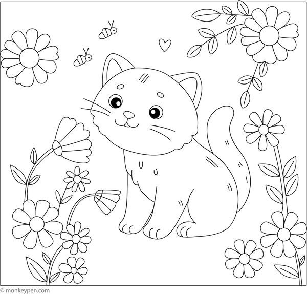 Cat in Flower Garden Coloring Page