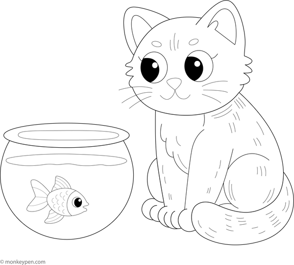 Cat and Fishbowl Coloring Page