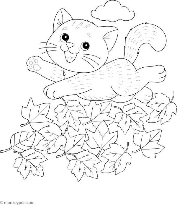 Printable Cat Playing in Leaves