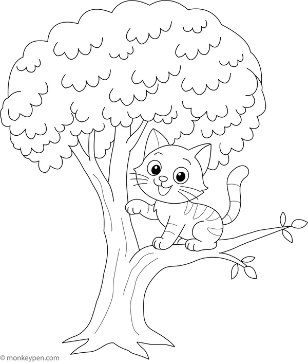 Cat on a Tree Free Coloring Page