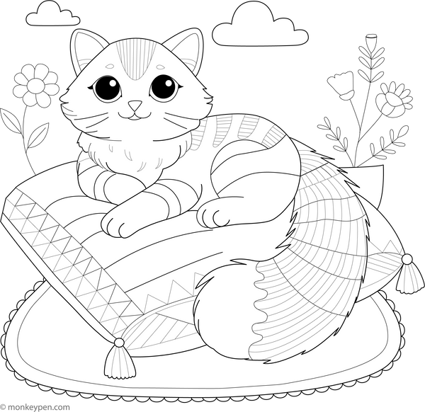 Printable Cat On a Cushion Coloring Page