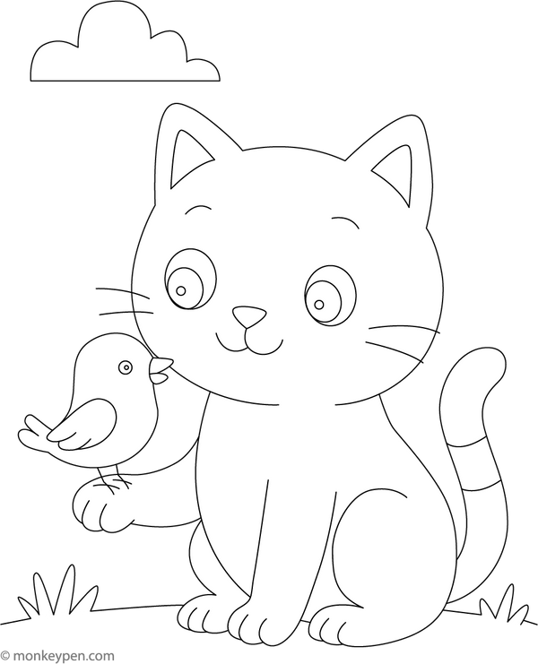Cat and Bird Friend Coloring Page
