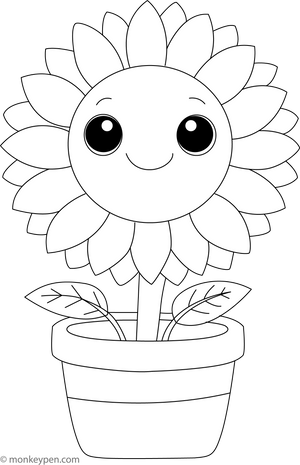Printable Smiling Sunflower in the Pot Coloring page