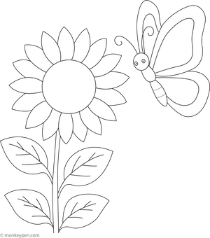 Sunflower and Butterfly Coloring Page
