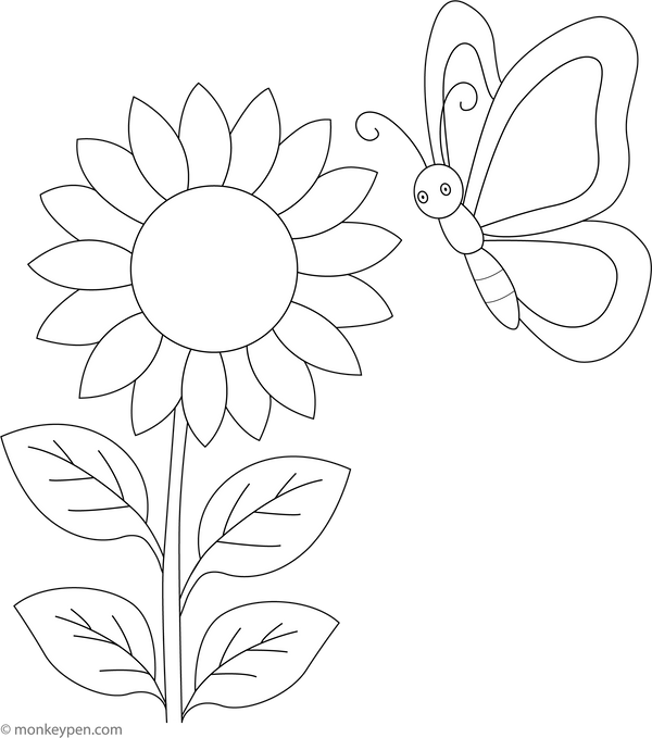 Sunflower and Butterfly Coloring Page