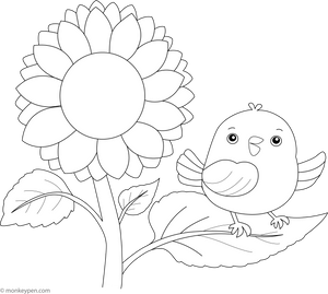 Sunflower with a Chirping Bird Coloring Page